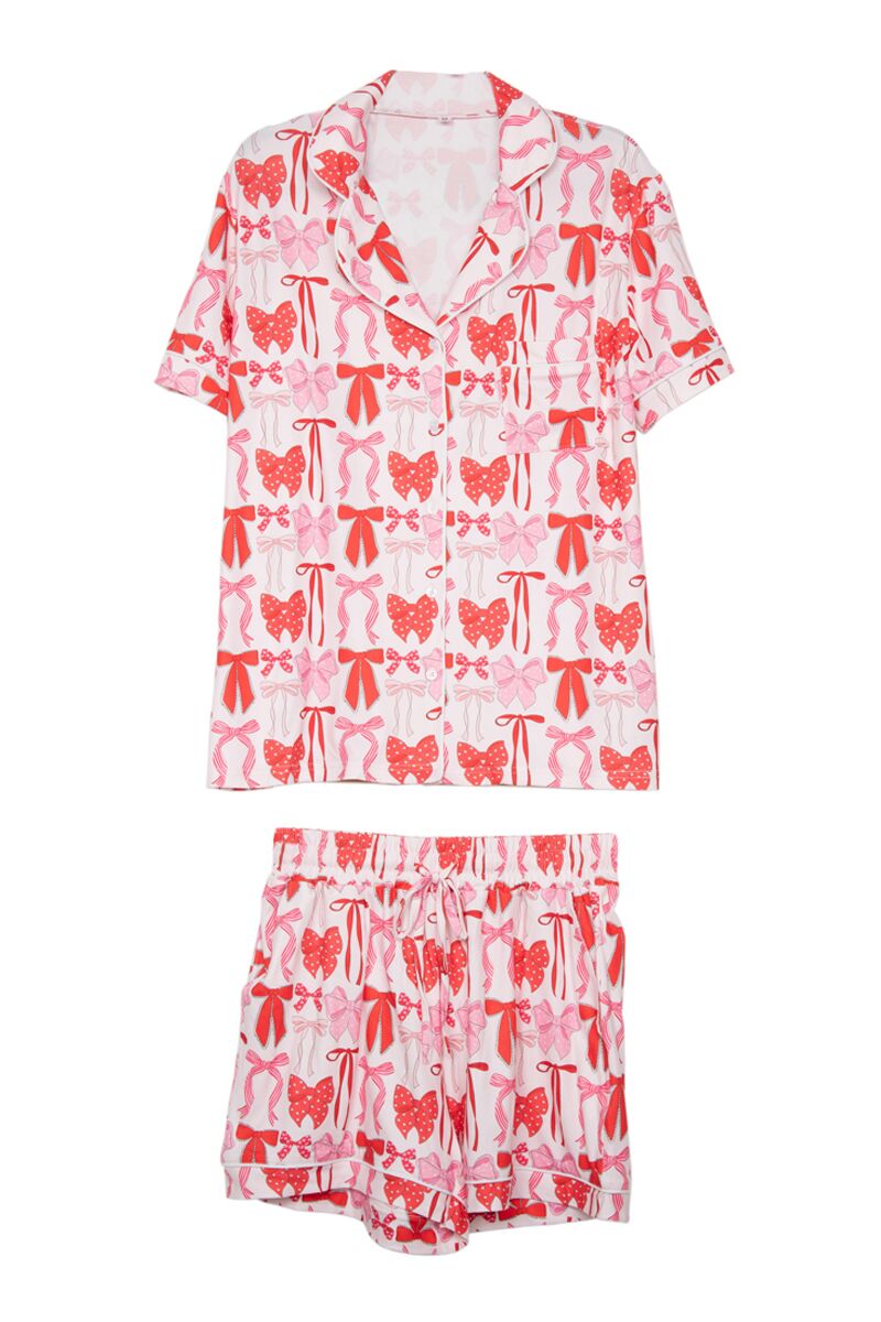 Pink & Red Coquette Bows Wholesale Pajama Shorts Set