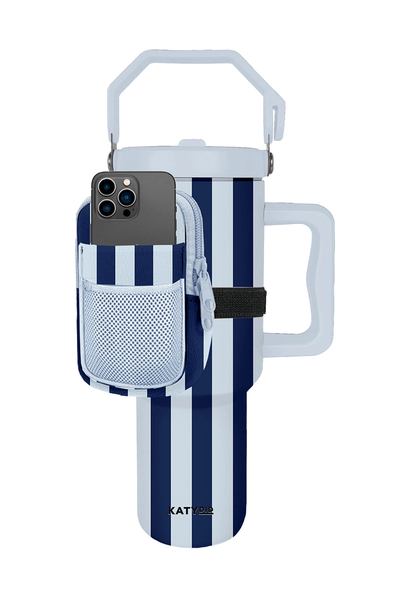 Light Blue and Navy Striped Wholesale Tumbler Zipper Pouch