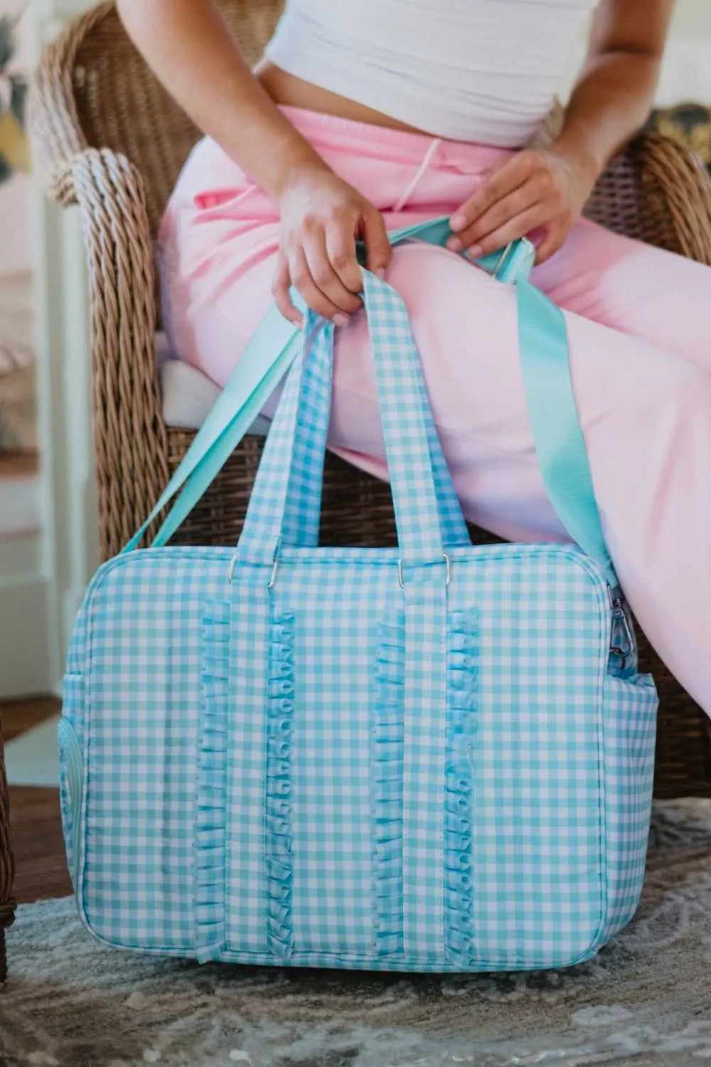 Mint Gingham Wholesale Ruffle Overnight Bag