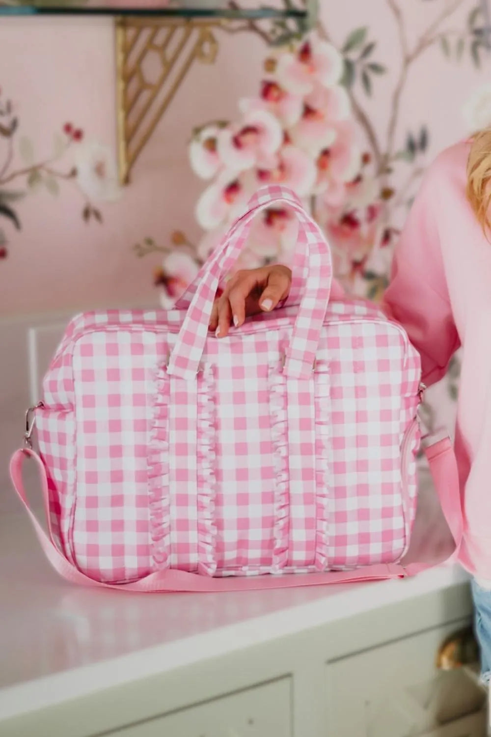 Light Pink Gingham Ruffle Wholesale Weekend Bags Women