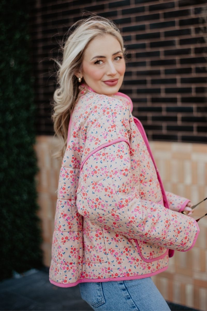 Pink Dainty Floral Women's Wholesale Quilted Jacket