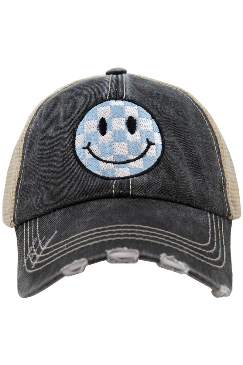 Light Blue Checkered Wholesale Happy Face Hat for Women
