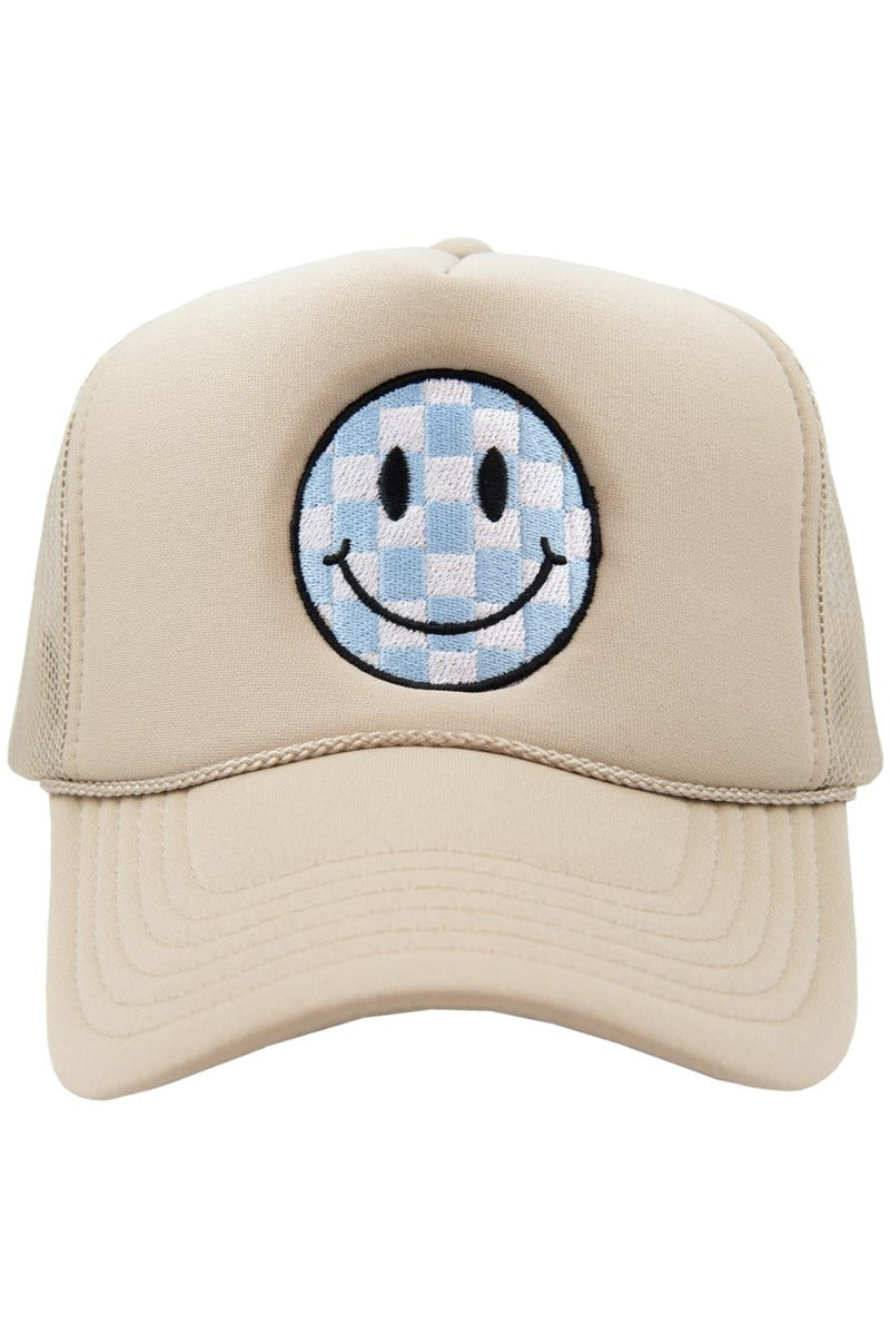 Light Blue Checkered Happy Face Wholesale Foam Hat