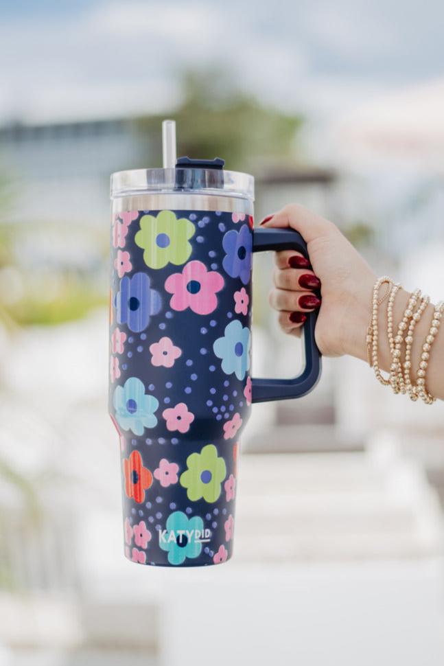 Navy Daisy Insulated Tumbler Cup with Handle