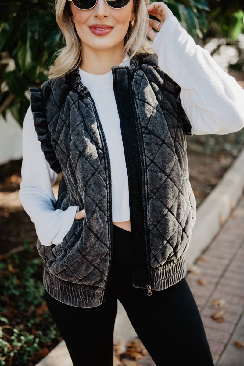 Charcoal Garment Washed Quilted Ruffle Sleeve Vests