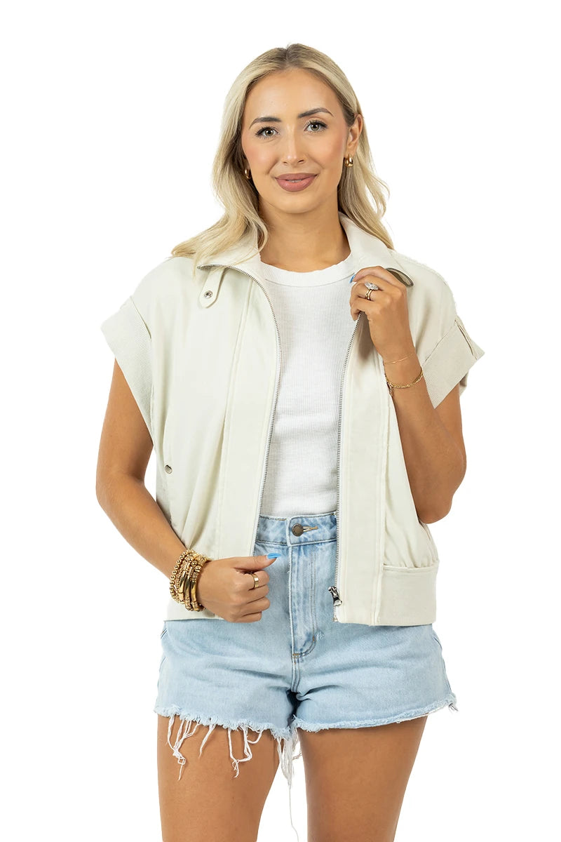 Cream Cropped Denim Wholesale Utility Vest