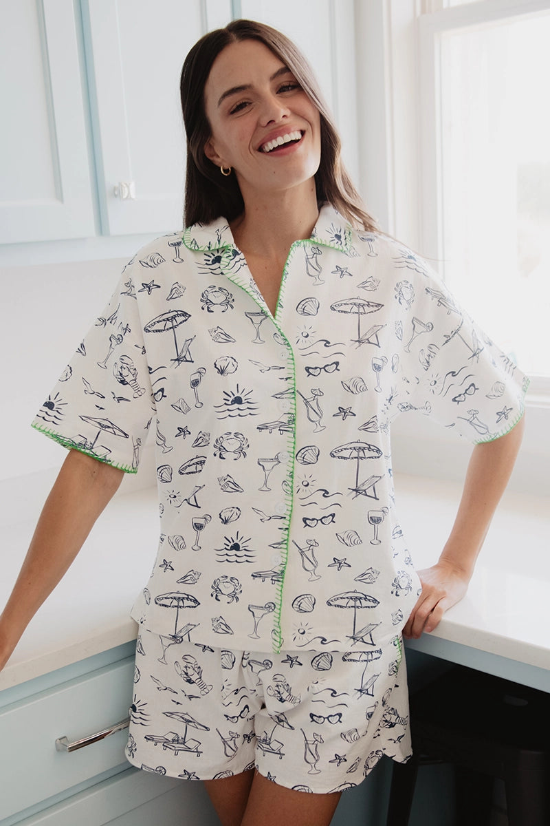 Blue Beach Icons Whipstitch Jersey Wholesale Pajamas