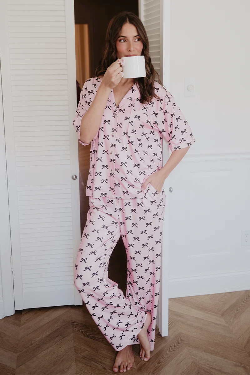 Black & Pink Mini Coquette Bows Wholesale PJ Sets Women