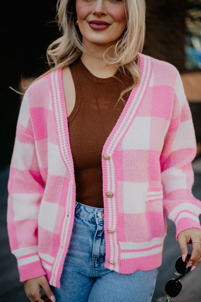 Plaid Gold Button Knitted Wholesale Cardigan