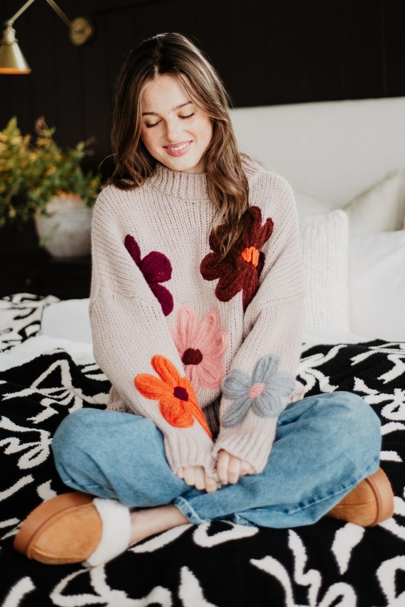 Tan Floral Wholesale Warm Fall Stitched Sweater